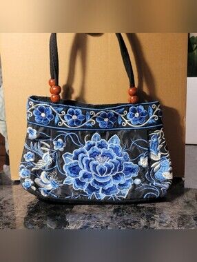 Floral brilliant blue embroidery paisley oriental bead hand bag